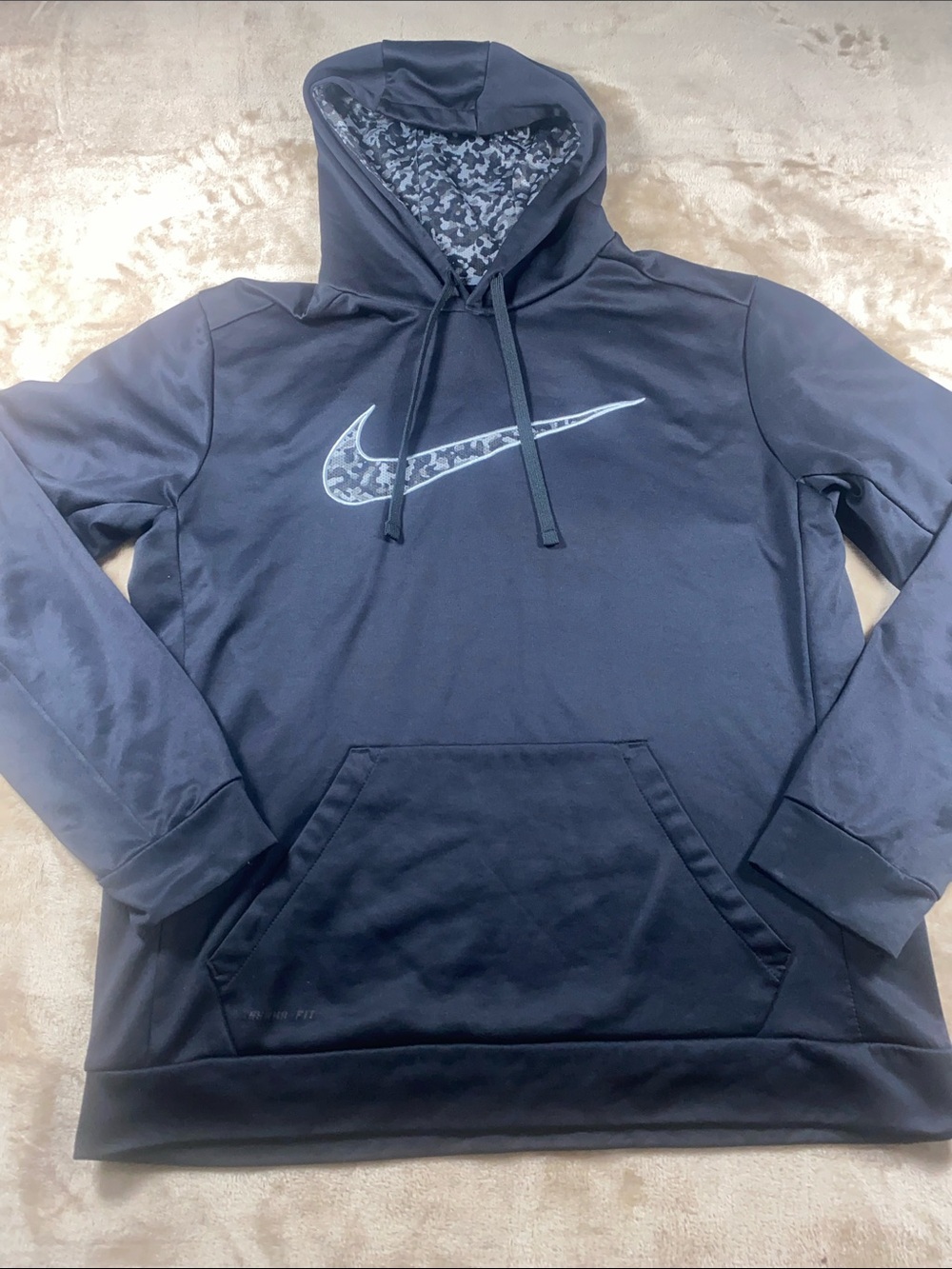 Nike Men’s Black Pullover Hoodie with Camo Swoosh Logo